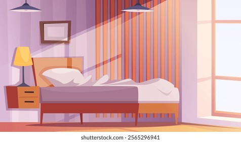 cozy bedroom. cartoon background with bed and big lighting window