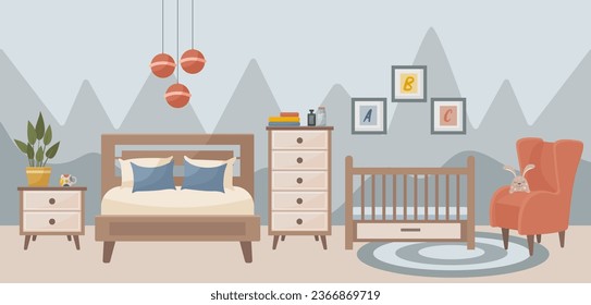 Cozy bedroom with a children's bed. Bedroom interior: bed, carpet, lamp, crib, potted plants, paintings, armchair, bedside table. Interior concept. Vector flat illustration.