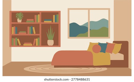 Cozy bedroom corner with bookshelf and bed next to scenic window view