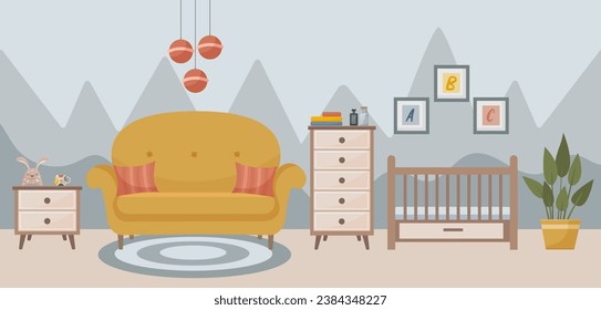 Acogedor dormitorio con cuna. El interior de la habitación: sofá cama, moqueta, lámpara, cuna, macetas, cuadros, sillón y mesita de noche. El concepto de interior. Ilustración plana vectorial.