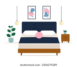 Cozy bedroom. Cute bedroom interior. Vector illustration