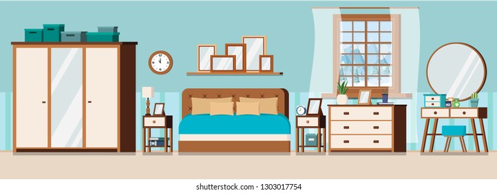 Cozy bedroom interior background with furniture and window with winter landscape scene. Wardrobe, bed, pillows, nightstands, chest of drawers, mirror, dressing table. Flat cartoon vector illustration.