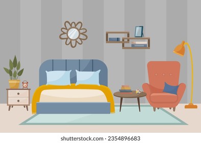 Cozy bedroom. Bedroom interior: bed, armchair, mirror, photo frame, shelves, books, home flower, carpet. Interior concept. Vector flat illustration.