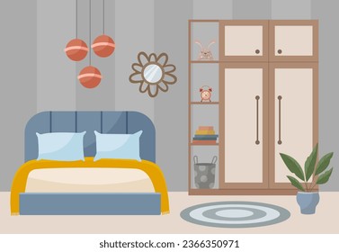 Cozy bedroom. Bedroom interior: bed, carpet, lamp, mirror, potted plants, wardrobe. Interior concept. Vector flat illustration.