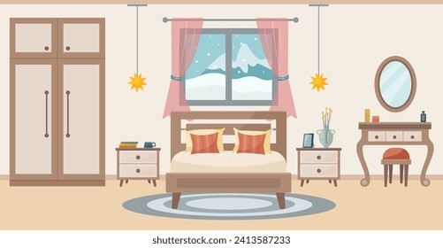 Habitación acogedora. El interior de la habitación: cama, tocador con silla, moqueta, macetas, armario, ventana con vistas al invierno. El concepto de interior. Ilustración plana vectorial.