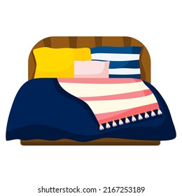 Cozy bedroom interior. Bed isolated on white background. Vector flat illustration