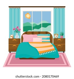 Cozy bedroom interior. Bed, pillows, bedside table and carpet isolated on white background. Vector flat illustration