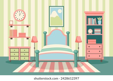 Cozy bedroom. Bedroom interior: bed with pillows, carpet, bedside tables, wardrobe, window. Flat illustration. Vector