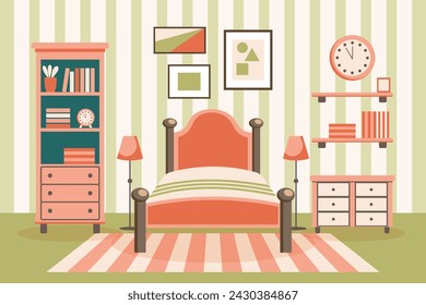 Habitación acogedora. Interior del dormitorio: cama con almohadas, alfombra, mesitas de noche, armario, ventana. Concepto interior. Ilustración plana Vector