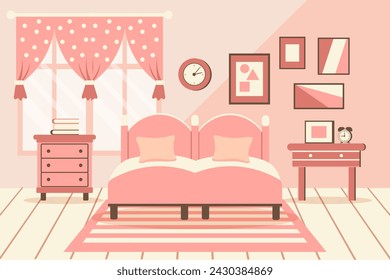 Gemütliches Schlafzimmer. Schlafzimmer Interieur: Bett mit Kissen, Teppich, Nachttische, Kleiderschrank, Fenster. Innenraumkonzept. Flache Darstellung. Vektor