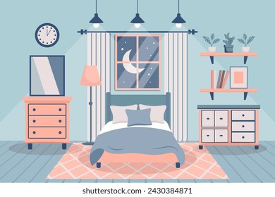 Cozy bedroom. Bedroom interior: bed with pillows, carpet, bedside tables, wardrobe, window. Interior concept. Flat illustration. Vector