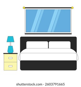 Cozy Bedroom Interior – Bed Set with Nightstand, Table Lamp, and Window Above