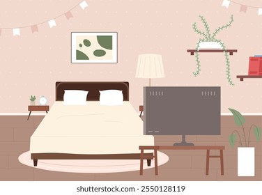 Acogedor interior del dormitorio. Cama, estanterías con planta y libros, tv sobre mesa. Muebles y accesorios de diseño para el hogar. Sala de dibujos animados para dormir, Ilustración vectorial