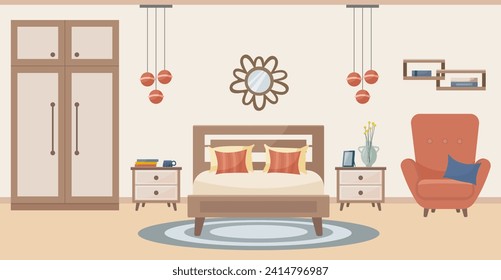 Cozy bedroom. Bedroom interior: bed, soft chair, carpet, potted plants, wardrobe, mirror above the bed. Interior concept. Vector flat illustration.
