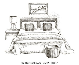 Cozy bedroom interior with bedside table and lamp