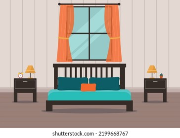 Acogedora habitación con cama azul. Ilustración interior de diseño de vectores.