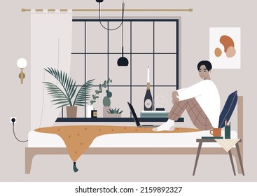 A cozy bedroom interior, books, plants, and candles on the windowsill, a young male Asian character sitting on a bed