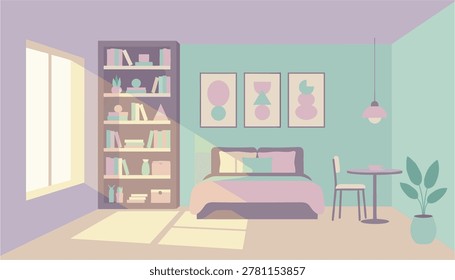 Cozy bedroom interior with bookshelf, bed, and small dining area in pastel colors