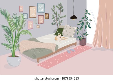 Cozy Bedroom, interior decoration vector illustration