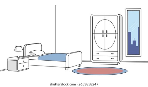 Cozy bedroom interior design featuring a comfortable bed wardrobe and stylish round rug