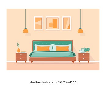 Cozy bedroom interior. Bedroom with double bed, bedside tables, lamps, paintings. Vector illustration in a flat style.