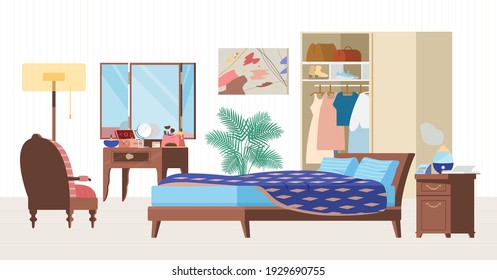 Cozy Bedroom Interior Flat Vector Illustration. Wooden Furniture, Dressing Table, Wardrobe, Humidifier. 