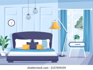 Cozy Bedroom Interior with Furniture Like Bed, Wardrobe, Bedside Table, Vase, Chandelier in Modern Style in Cartoon Vector Illustration