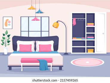 Gemütliches Interieur mit Möbeln wie Bett, Garderobe, Nachttisch, Vase, Kronleuchter im modernen Stil in Cartoon-Vektorgrafik