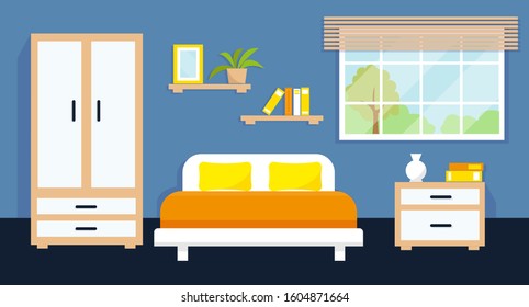 Cozy bedroom interior with furniture and window. Vector illustration.