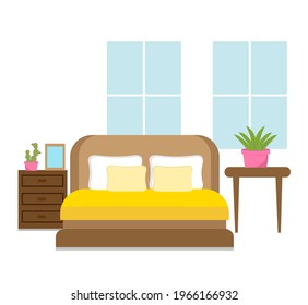 Cozy bedroom interior with furniture and windows. Flat cartoon vector illustration. Minimalistic bedroom interior.