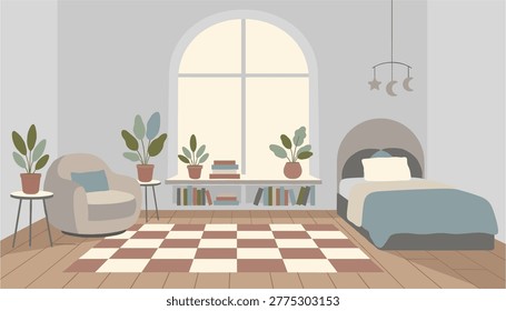 Cozy bedroom interior with large window and checkered rug