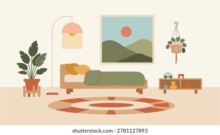 Cozy bedroom interior with modern decor and colorful rug