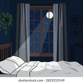 Cozy bedroom interior at night with moonlight shining through window and stars outside