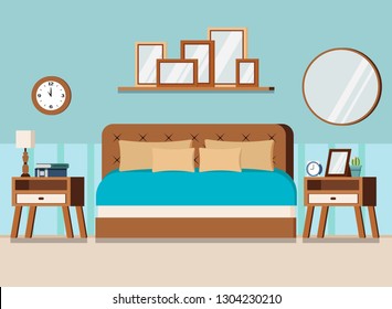 Cozy bedroom interior scene with furniture: bed, nightstands, wall watch, mirror, books, lamp, alarm clock, shelf with pictures. Flat style cartoon vector illustration.