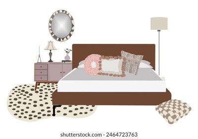 Acogedor dormitorio interior con muebles cómodos y elegantes y decoraciones para el hogar. Cama moderna de mediados de siglo, cómoda, cojines, alfombra hecha a mano, espejo, lámpara. Ilustración vectorial plana aislada.