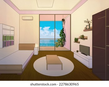 El acogedor interior del dormitorio.  Ilustración vectorial en estilo plano.