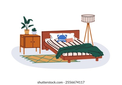 Cozy bedroom interior with wooden bed, cushions and pillows, blanket. Modern home room design with bedside table, floor lamp and decorations. Flat vector illustration isolated on white background