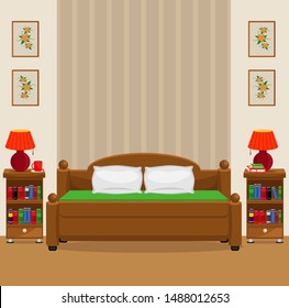 Cozy bedroom with a large double bed, bedside tables and night lights. Vector illustration on the theme of interior design.