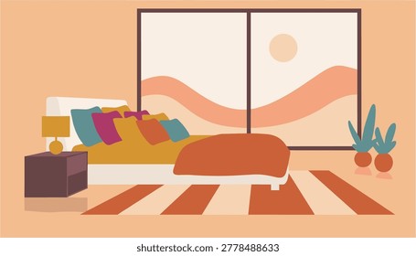 Cozy bedroom with large window showing sunset over desert landscape and stylish bed setup