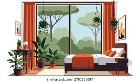 Cozy bedroom with large windows showing jungle view and hanging plants