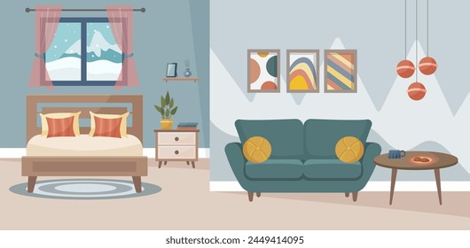 Acogedor dormitorio y sala de estar. Dormitorio y sala de estar interior: cama, tocador con silla, alfombra, macetas, ventana, sofá, pinturas. Concepto interior. Ilustración plana de Vector.