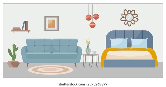 Cozy bedroom and living room. Bedroom and living room interior: bed, carpet, sofa, floor lamp, paintings, books. Interior concept. Vector flat illustration.