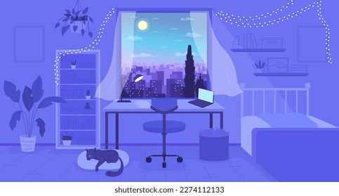 Cozy bedroom with night cityscape view in window flat color vector illustration. Lo fi atmosphere. Hero image. Fully editable 2D simple cartoon bedroom interior with nighttime window on background