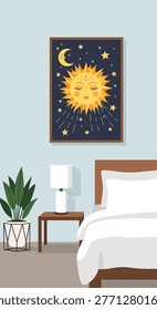 A cozy bedroom scene featuring a framed boho-style sun and moon illustration hanging above a bed, with a bedside table and plant.