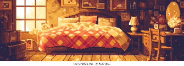 A cozy bedroom scene featuring a large bed with a colorful quilt, surrounded by warm lighting. The room has wooden floors, a bedside lamp, and various framed pictures 