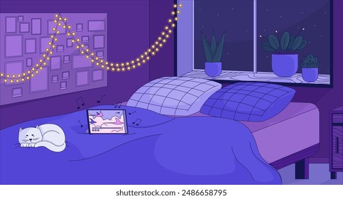 Cozy bedroom with sleeping cat 2D cartoon background. Bed night, lo fi music. Comfortable interior colorful aesthetic vector illustration, nobody. Hygge apartment room flat wallpaper art, lofi image