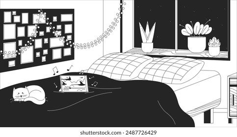 Cozy bedroom with sleeping cat outline 2D cartoon background. Bed night, lo fi music. Comfy interior linear aesthetic vector illustration. Hygge apartment flat wallpaper art, monochromatic lofi image