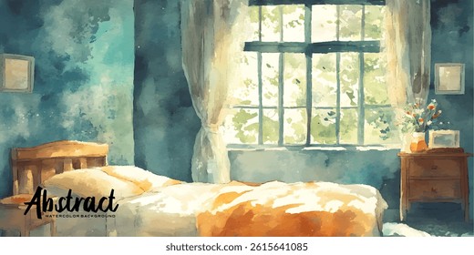 cozy bedroom with a sunlit window, painted in watercolor.