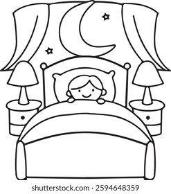 Cozy Bedtime Scene Coloring Page - Cute Child in Comfy Bed Under Moon And Stars | Relaxing Nighttime Illustration | Easy And Fun Line Art for Kids And Adults