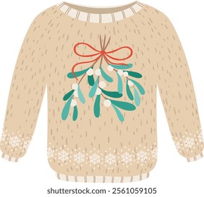 Cozy beige Christmas sweater featuring a mistletoe decoration tied with a red ribbon and a festive snowflake pattern along the bottom, perfect for the holiday season